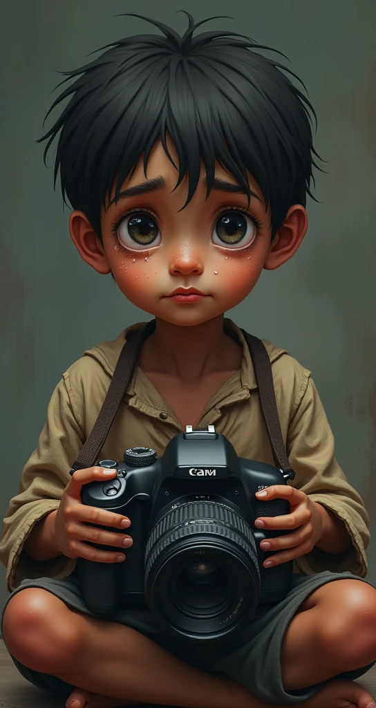 Poor boy with dslr, tear on his eyes, bare legs.