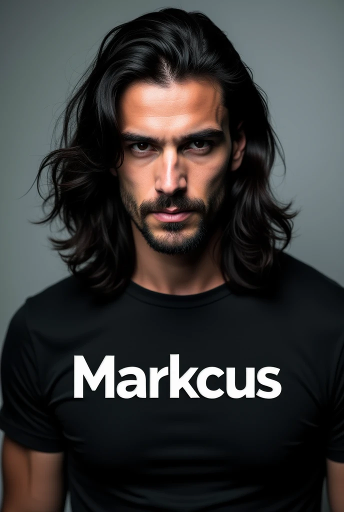 I&#39;m creating my YouTube channel and I want you to create a profile of a man with long, dark hair and measurements of 90x90 pixels and 4 MB. I want the shirt to say MARKCUS.