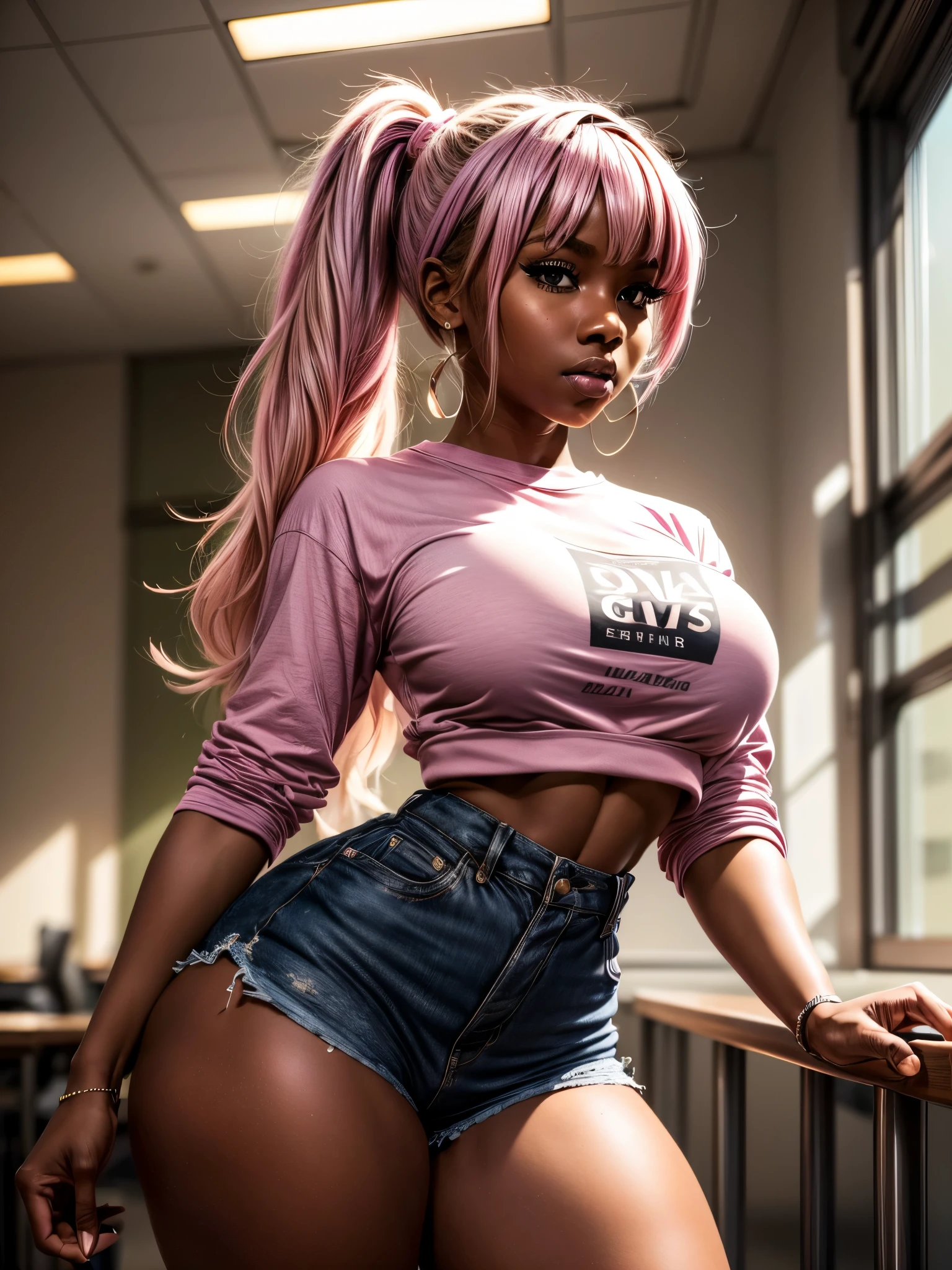 1 girl, solo, high quality, ebony girl, high resolution, volumetric lighting, 8k, beautiful woman, (dark skin), college student, 's uniform, (big-ass), breasts big, (pink tub top shirt), (cotton shorts:1.2), Wavy hair, pony tail, bangs, headband, hoop earnings, class room, pose sexy, seductively pose, 3/4 shot, cowboy shot, ((slim thick body:1.1)),