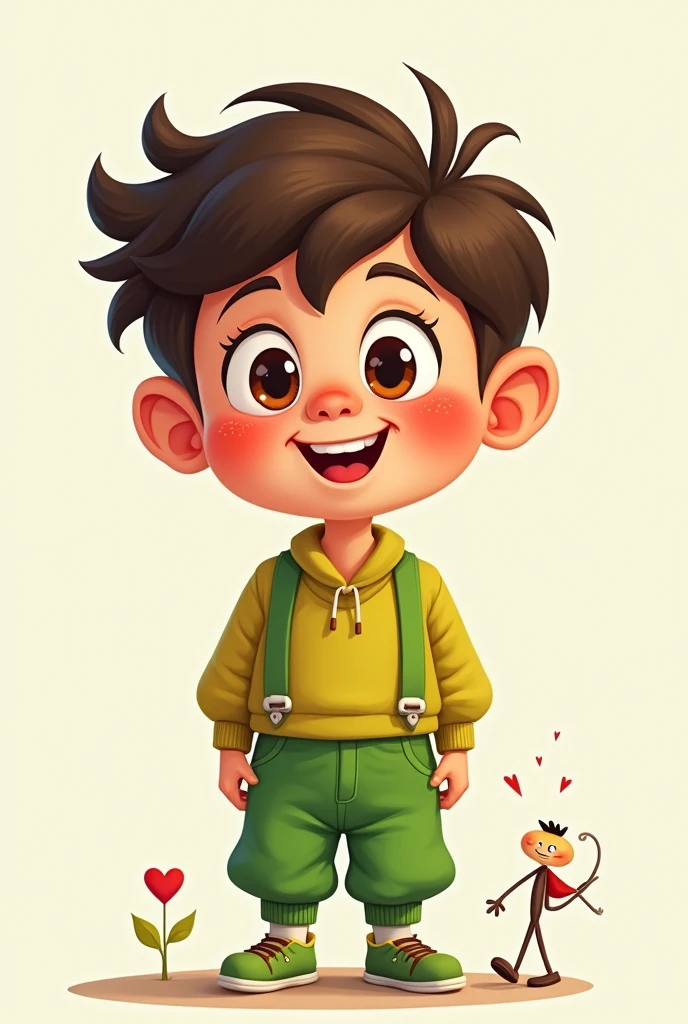A boy with a cartoon heart face and green clothes and a stick figure