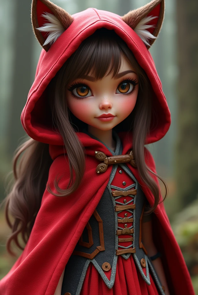 Imagem da filha da Cerise Hood e da Cedar Wood de Ever After High: You must have straight, wavy hair with brown bangs and white highlights., eyes browns, Light brown skin, big red hood, in wolf ears, red dress with gray details, with red and black checkered details on the top and red with gray on the bottom, wooden elements in clothing
