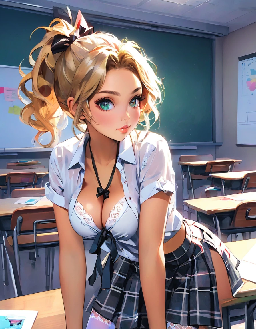 a beautiful 20 year old blonde woman with big messy hair, side ponytail, in a short plaid skirt, white stockings, transparent white dress shirt tied up in a knot, cleavage, navel, classroom setting, rossdraws cartoon vibrant, cute detailed digital art, colorfull digital fantasy art, digital fantasy art ), glossy digital painting, rossdraws pastel vibrant, rossdraws 2. 5, rossdraws 1. 0