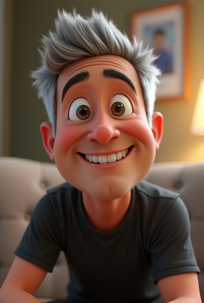 Cartoon character of a man with short gray hair, with a rounded and expressive face, marked by a friendly smile that highlights your teeth. your light brown skin and black shirt, an animated character, stylized character, animation style rendering, 3d stylized, Arnold Maya rendering, Stylized 3D rendering, toon render screenshot, 3d character, 3d character, Stylized 3D rendering, 3D character rendering, cartoon character, Personagem de close up, character posing, (Pixar-style) (master part:1.2) (bokeh) (best qualityer) (skin detailed) (detailed texture) (8k) (Argilla) (cinematic lighting) (sharp focus,Sit down and lift your upper body