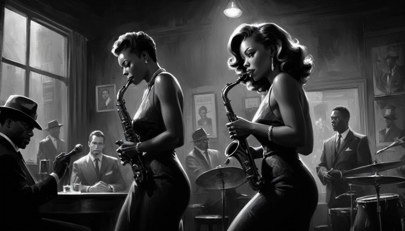 alabama bar, blue note, charismatic, baterist, guitarist, saxophonist, jazz band, bw, illustration, noir fantasy, singer lady, 