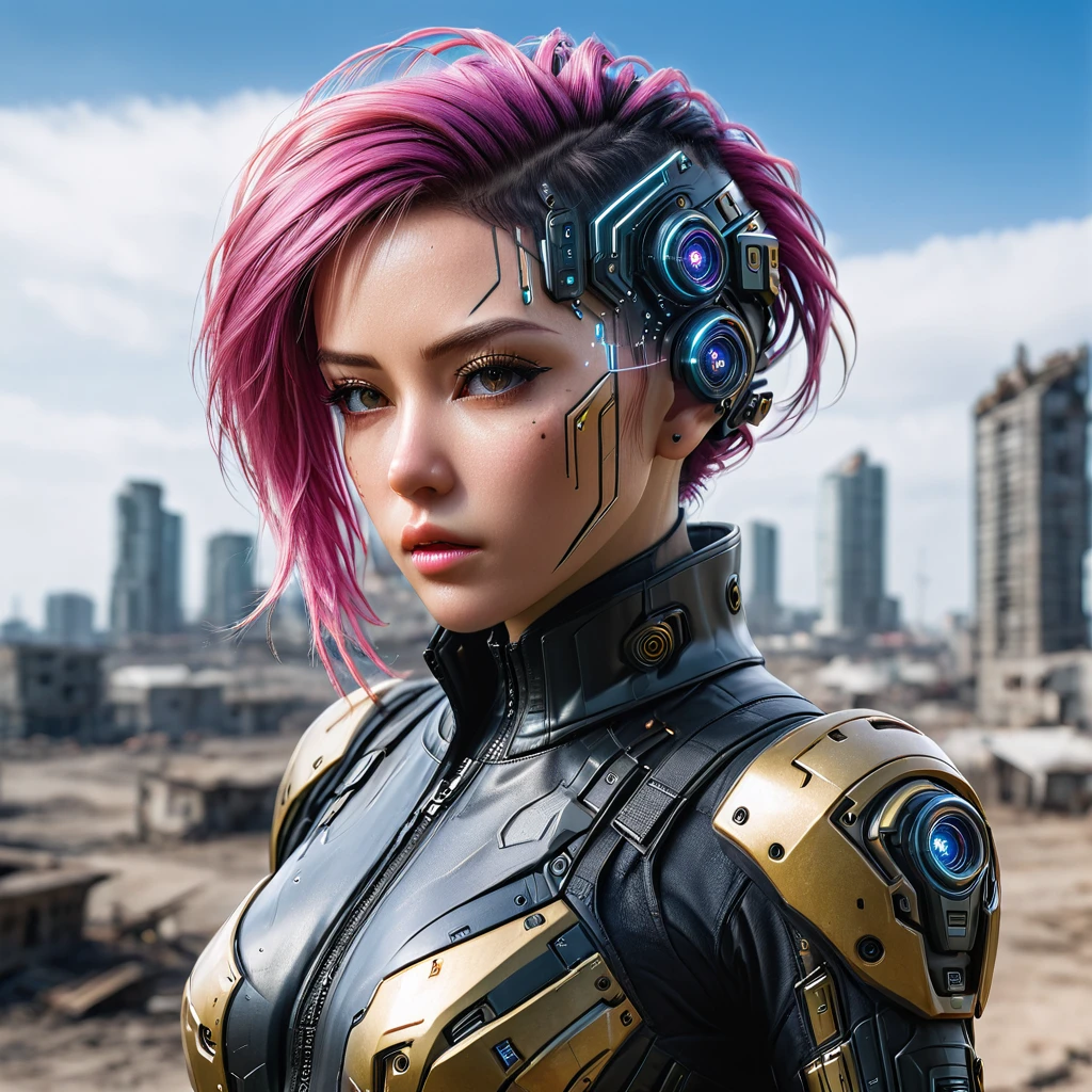 a realistic photo, hdr photo realistic, hyper detailed, very high definition, single woman, wearing a futuristic gel combat suit, black and gold, mecha style, hyper details at the level of the suit, she has pink hair moving with a light wind, her curves are voluptuous, she looks at the sky thoughtfully, the features of her face are realistic, she holds a gun in her hand, the background is a post-apocalyptic city, all the details of the scene make this photo is a masterpiece, Anatomie correcte, 