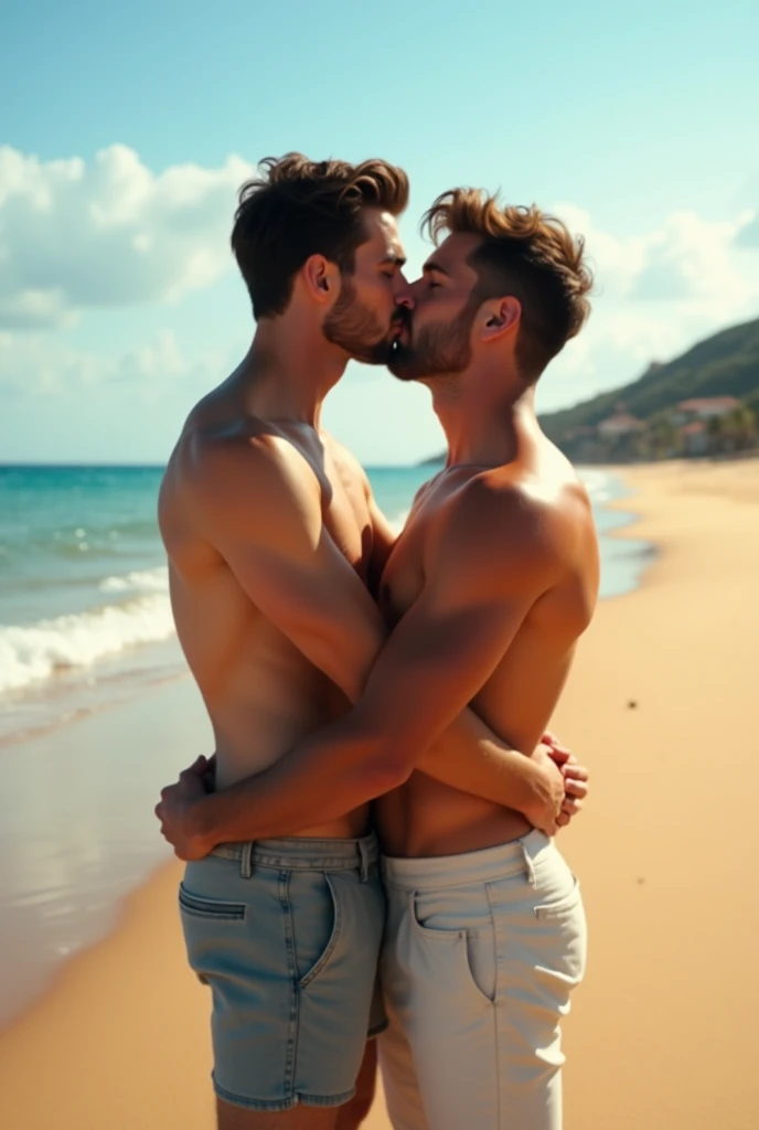 Gay couple kissing on the beach