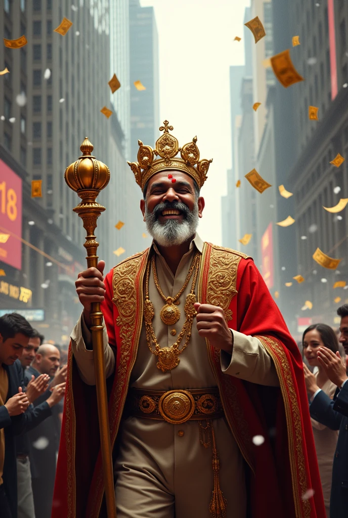 An indian man laughing loudly having a crown on his head and emperor stick in his hand who has made one million in stock market with wall street building in background and have rain of money and people are bowing him