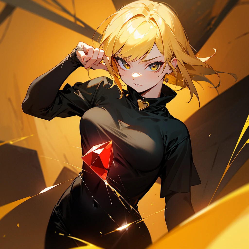 A yellow-haired woman in a black t-shirt holding a bright red gem in her hands