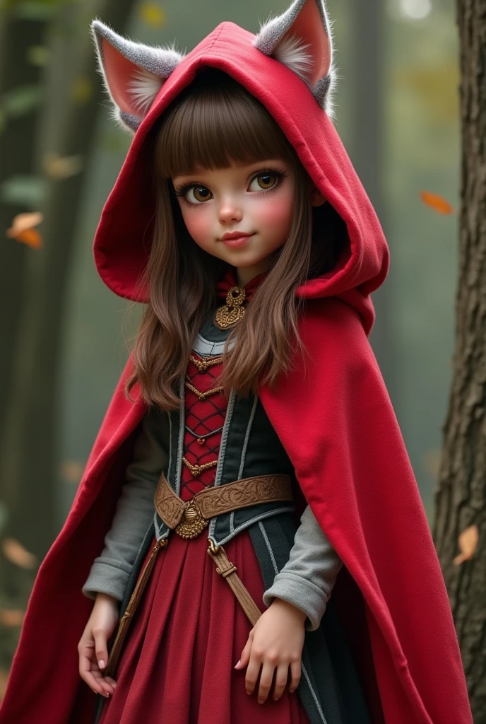 Imagem da filha da Cerise Hood e da Cedar Wood de Ever After High: You must have straight, wavy hair with brown bangs and white highlights., eyes browns, Light brown skin, big red hood, in wolf ears, red dress with gray details, with red and black checkered details on the top and red with gray on the bottom, wooden elements in clothing