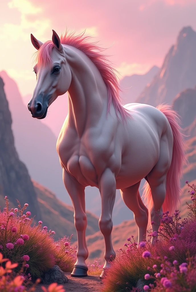 horse body with human head homosexual from the mountains, flowery and colorful landscape with many pink tones