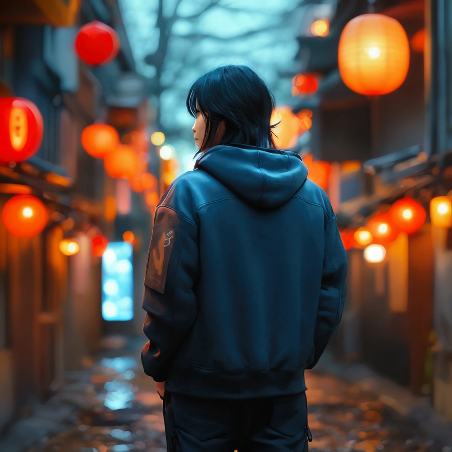 Behind Japan men、1 male、Black and long hair、40 years old、Navy blue cotton hoodie、Late night back alley、Backlight、Standing there, gazing into the distance、(back view:1.3)