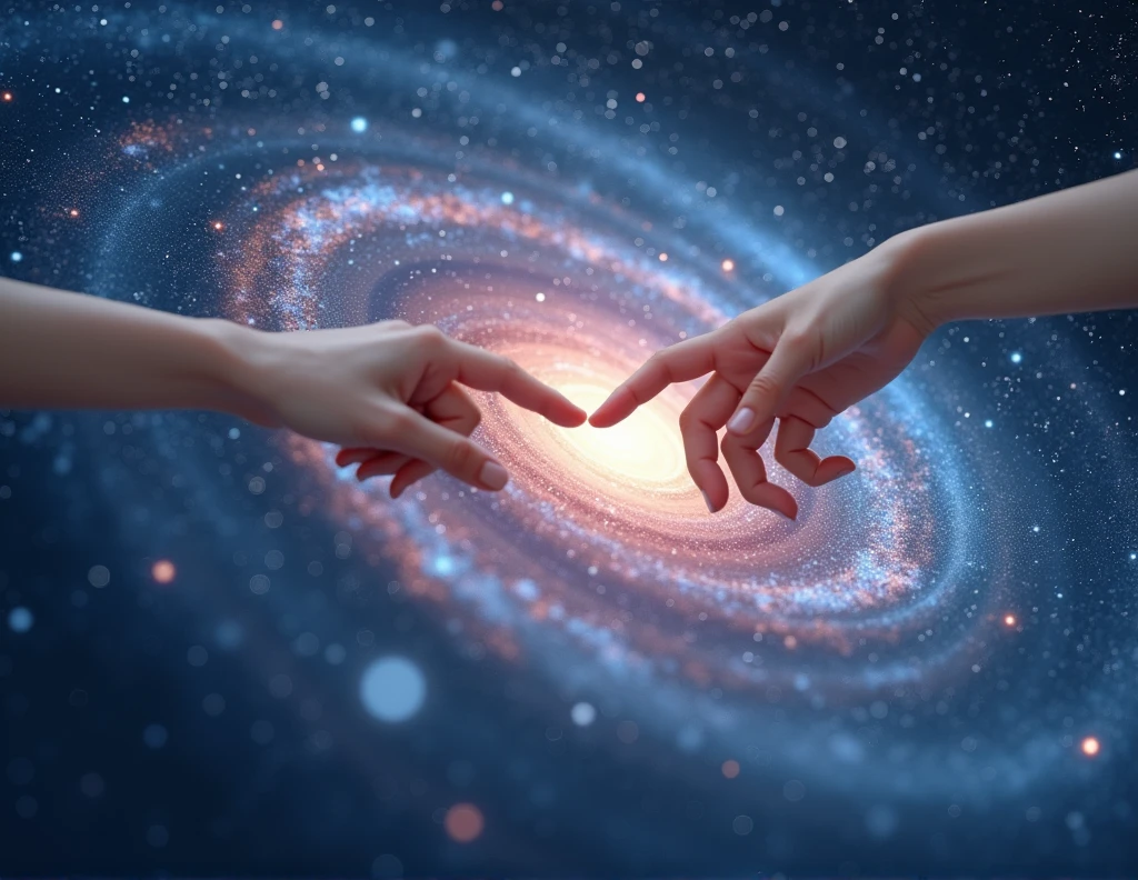 A delicate pair of Japanese women's hands reaching towards each other, fingertips almost touching, against the backdrop of a breathtaking spiral galaxy, photorealistic, (best quality,8k,highres,masterpiece:1.2),ultra-detailed,(realistic,photorealistic,photo-realistic:1.37),HDR,UHD,studio lighting,ultra-fine painting,sharp focus,physically-based rendering,extreme detail description,professional,vivid colors,bokeh,space,cosmos,celestial,dynamic composition,intricate details,porcelain skin,elegant,graceful,serene