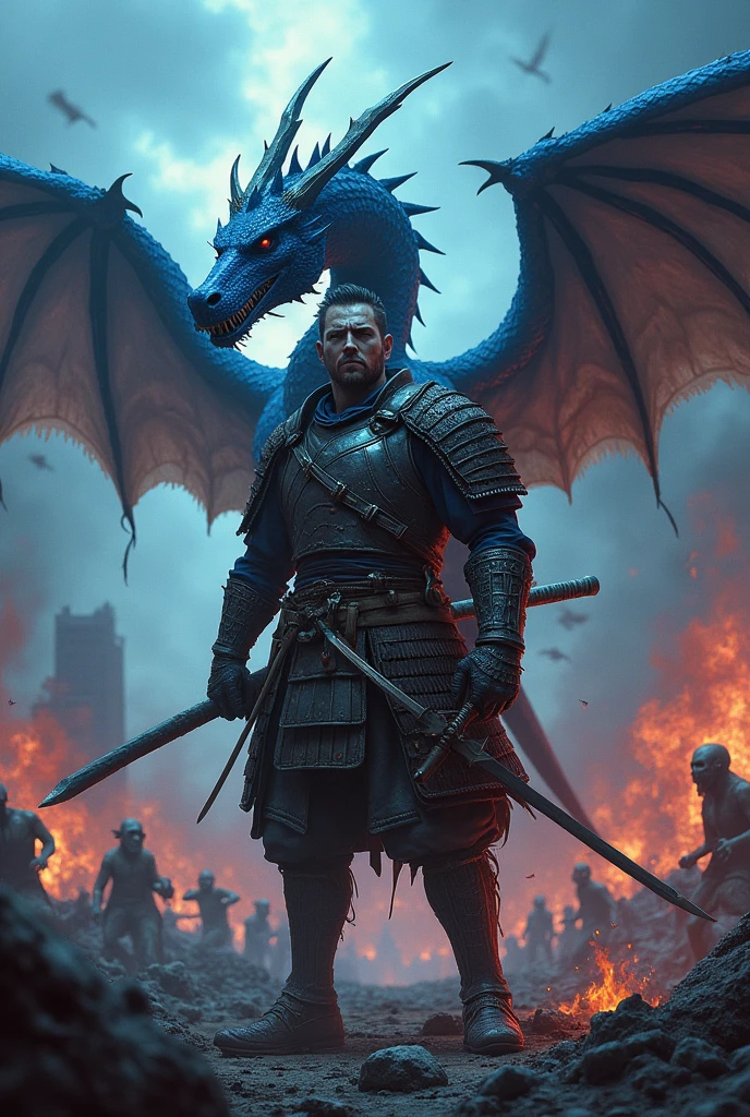 Zamuari, Companion Dragon, Apocalypse, tramp, bloody, infantry ,name Denub,dark sky, zombies,blue dragon flag,fire.