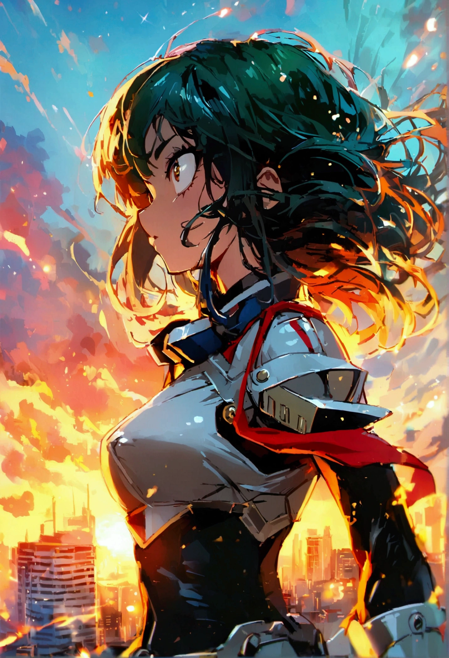 Yu Takeyama My hero academia, Heroine costume, big breasts, Posing, a city in the background,