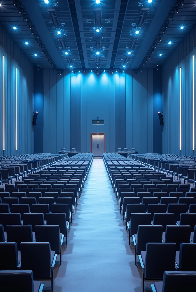 A very huge and wide rectangualar meeting hall, with many rows and Columns of chairs devided with 4 walk ways,blue and white light in the building,ceiling with many spot lights, A wide Huge door at a far end, and two little doors in the opposite corners,partsion on the walls