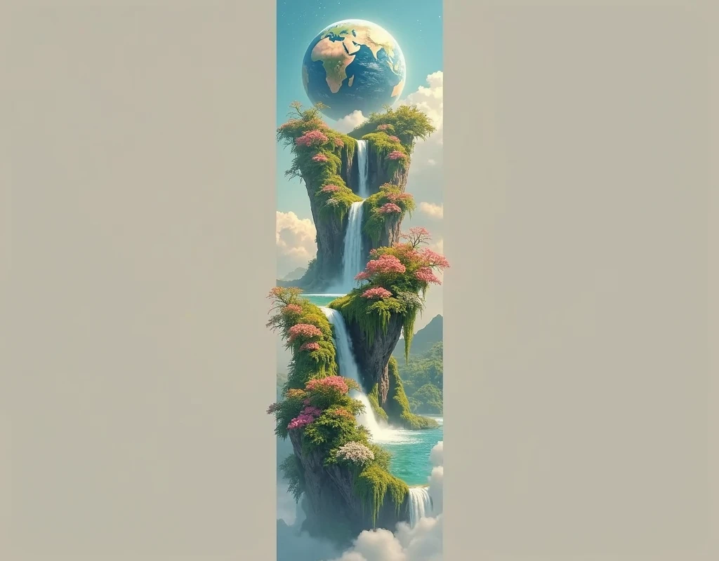 Hyper realistic 8k, ultra detailed, (Best Quality digital illustration Masterpiece of planet Earth in outer space), ((No Man)) (Beautiful planet Earth Illustration), (vivid Green nature and vegetation), (flowering plants), ((waterfall)), (Bright Stars), (Hyperdetail, Dynamic Camera), (Wide Angle), (Celestial Lighting), (Vivid Colors and Saturation), (trending on artstation,