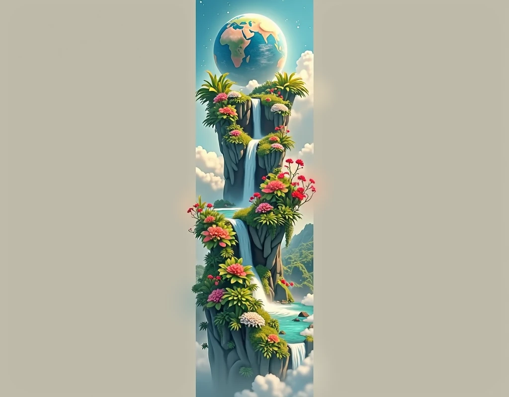 Hyper realistic 8k, ultra detailed, (Best Quality digital illustration Masterpiece of planet Earth in outer space), ((No Man)) (Beautiful planet Earth Illustration), (vivid Green nature and vegetation), (flowering plants), ((waterfall)), (Bright Stars), (Hyperdetail, Dynamic Camera), (Wide Angle), (Celestial Lighting), (Vivid Colors and Saturation), (trending on artstation,