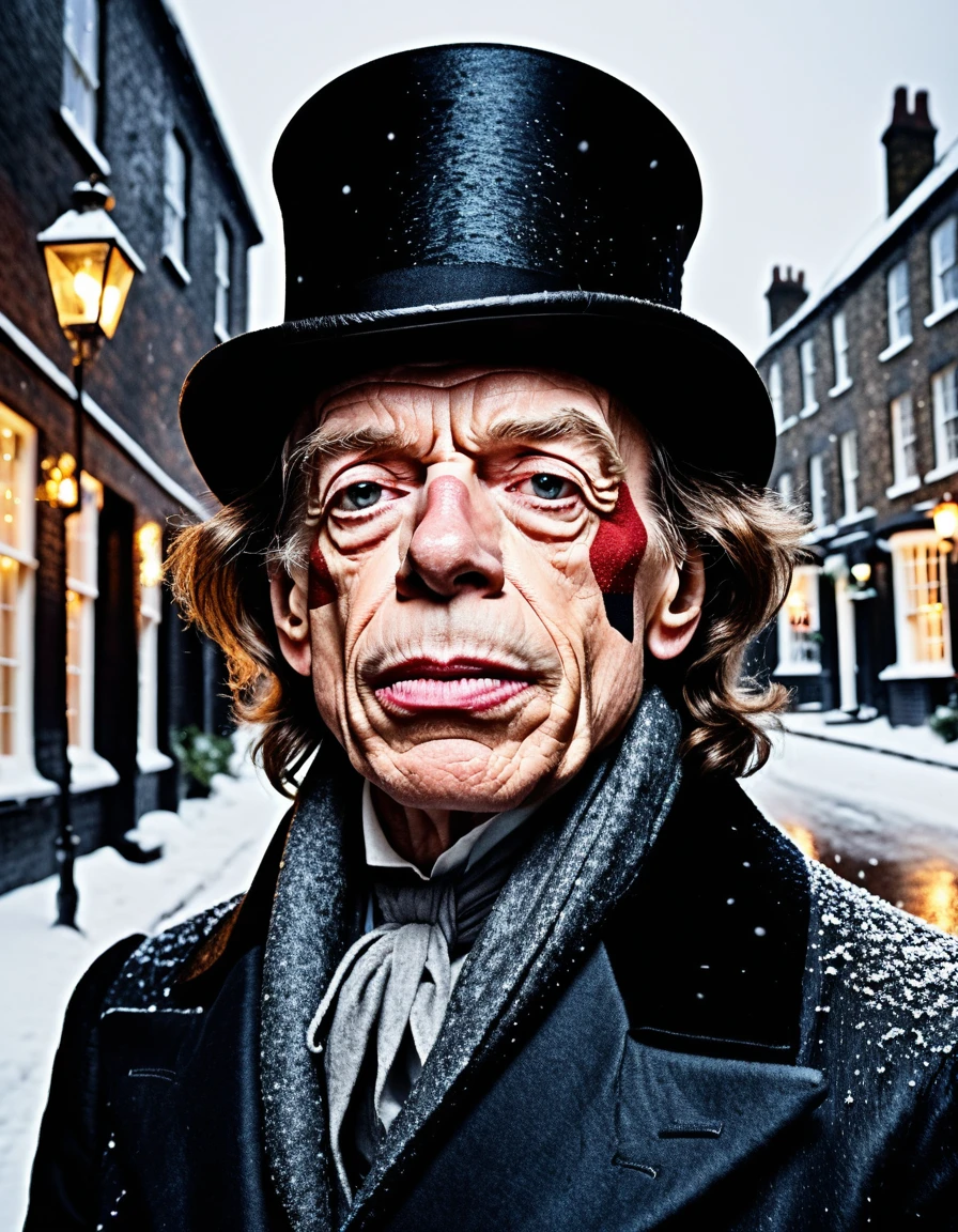 cinematic closeup portrait photo, christmas of Mick Jagger. as A "MUPPETS" (wearing lower class Dickensian clothes, dark coat, wool scarf, bald with top hat, pants:1.2), in 1840's Victorian London street, falling snow, (at dawn:1.15), portrait lighting, realistic, detailed face, 8k, UHD color RAW photo, detail, (Fujifilm X-S10 Mirrorless Camera, Æ/8, ISO 102400, 100mm lens) (sharp focus:1.15). REMEMBER A MUPPETS
