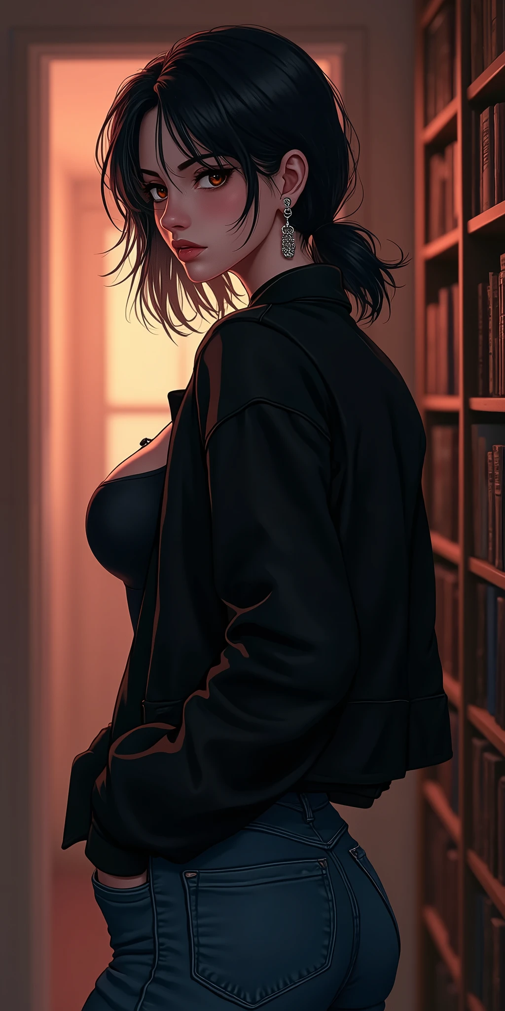 (best quality, ultra-detailed, photorealistic: 1.39), bright and vibrant colors, studio lighting, romantic expression, An effeminate man, with a delicate and beautiful face. Beautiful and adult man with her create a female sensual character twilight black hair , her brown eyes, Man with black hair, black jacket, jeans, looking from behind with a serious look, created a seductive woman with large breasts seduces, like a manwha character, chain details, walking in leaning pose in the book library, from behind, seductive, manga style, anime features manga style, fully body