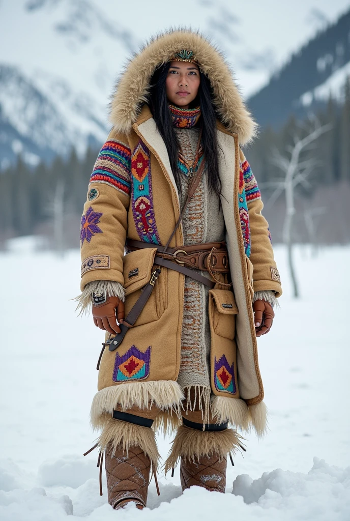 Create a snow indigenous outfit in beige tones with colorful details
