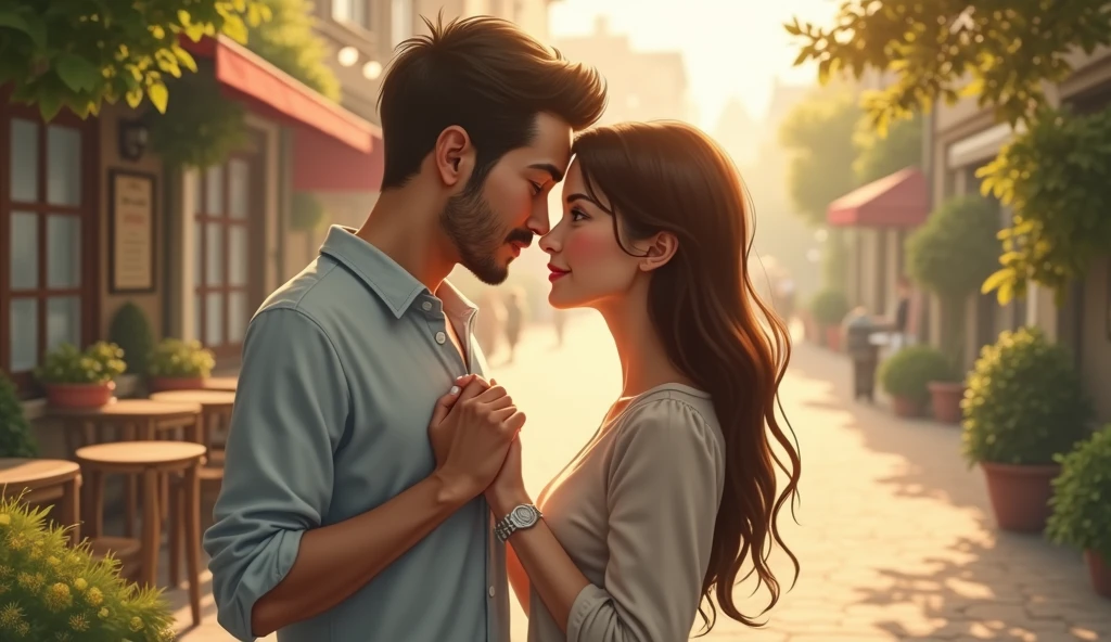 **Action:** The couple walks hand-in-hand, their fingers intertwined. They pause beside a charming little café with outdoor seating. The woman leans in close to the man, resting her head on his shoulder. He gently tilts her chin up, looking deeply into her eyes.