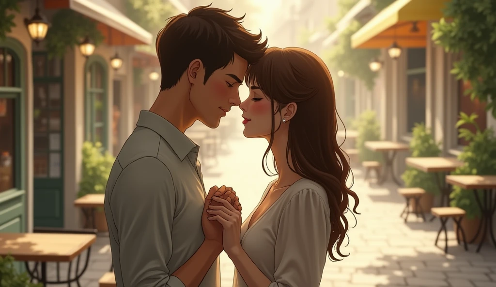 **Action:** The couple walks hand-in-hand, their fingers intertwined. They pause beside a charming little café with outdoor seating. The woman leans in close to the man, resting her head on his shoulder. He gently tilts her chin up, looking deeply into her eyes.