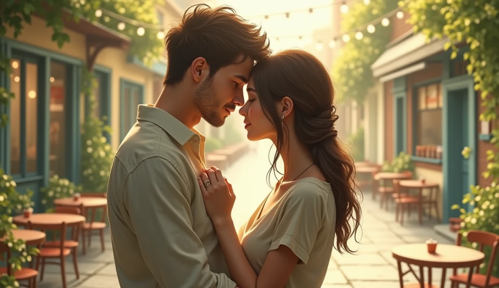 **Action:** The couple walks hand-in-hand, their fingers intertwined. They pause beside a charming little café with outdoor seating. The woman leans in close to the man, resting her head on his shoulder. He gently tilts her chin up, looking deeply into her eyes.