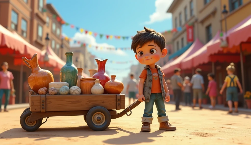 ((8k)), ((best qualityer)), ((work of art)), (detailded), ((child)), Samuel finally arrives at the big city fair, with its new ceramic pieces carefully reconstructed with the cracks visible. He is proud, pulling his refurbished wagon with confidence, and in the background, the fair tents are full of colors and life. The sky is clear, with the sun shining brightly, and people start to approach your exhibition, curious about the unique creations. The 3D Disney Pixar style brings vibrant colors and details to the pieces Samuel carries, highlighting the imperfect beauty of your creations.