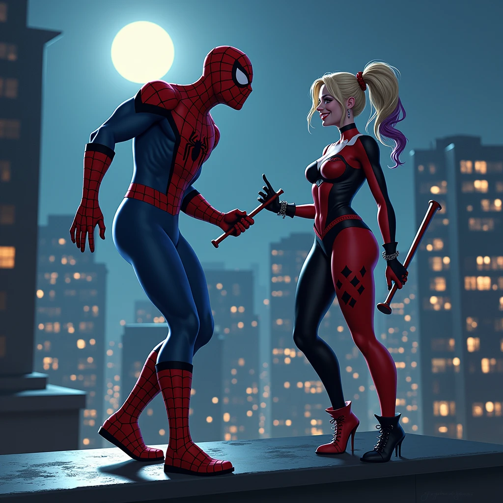 Harley Quinn and Spider-Man meet for the first time on a rooftop under the moonlight. Harley is playfully twirling her bat, while Spider-Man, in his iconic suit, swings down to land beside her. The city skyline glows in the background.