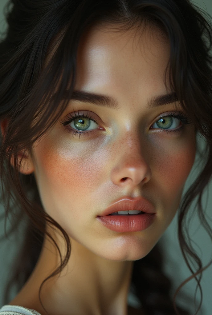 Crée moi un visage réaliste d’une femme brune, Elle doit avoir de très beaux yeux qui sont verts avec un anneau jaune/ gris qui renforce son regard en lui donnant un air particulièrement perçant, le plus réaliste possible, visage entièrement visible