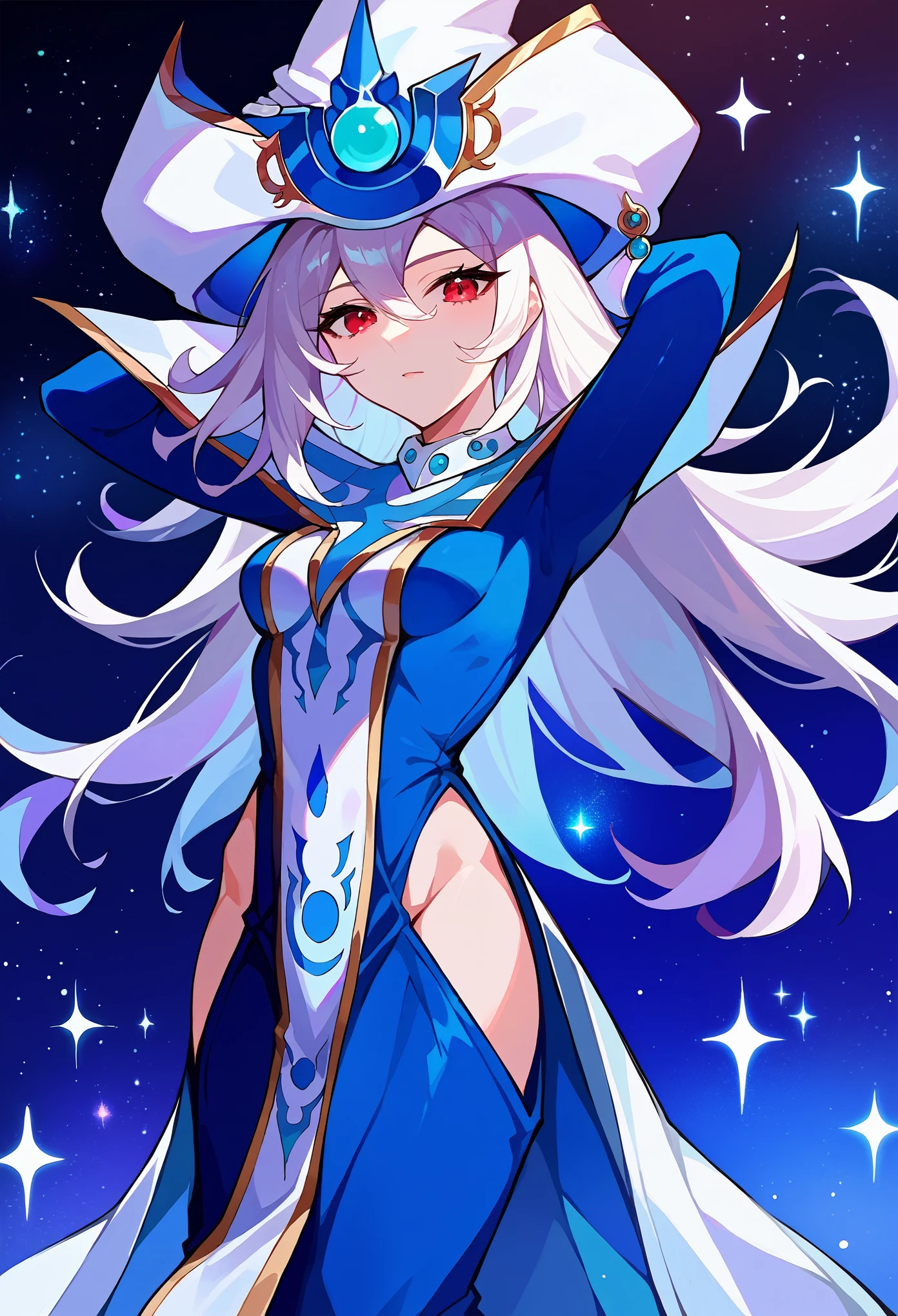 score_9, score_8_up, score_7_up, source_anime, 1girl, solo, silentmagician, white hair, red eyes, wizard hat, blue dress, hip vent, long sleeves, white gloves, tabard, pelvic curtain, standing, arm up, hands behind head, sexy expression, looking at you, magical background, blue and white sparkles, blue galaxy, white galaxy