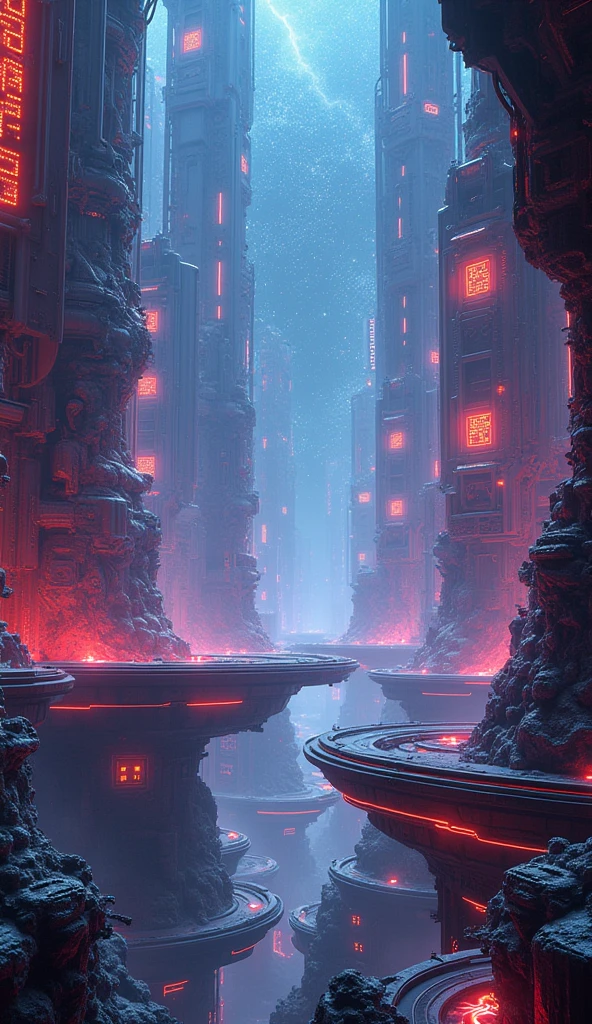 a technological maze in the universe, futuristic sci-fi landscape, ethereal energy fields, glowing neon structures, intricate machinery, floating platforms, complex circuitry, holographic displays, dynamic lighting effects, cinematic camera angle, digital art, 8k, high quality, photorealistic, intricate details, stunning visuals, vibrant colors, dramatic lighting, seamless composition
