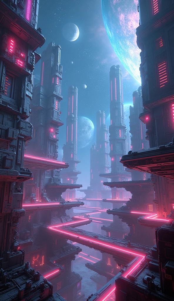 a technological maze in the universe, futuristic sci-fi landscape, ethereal energy fields, glowing neon structures, intricate machinery, floating platforms, complex circuitry, holographic displays, dynamic lighting effects, cinematic camera angle, digital art, 8k, high quality, photorealistic, intricate details, stunning visuals, vibrant colors, dramatic lighting, seamless composition