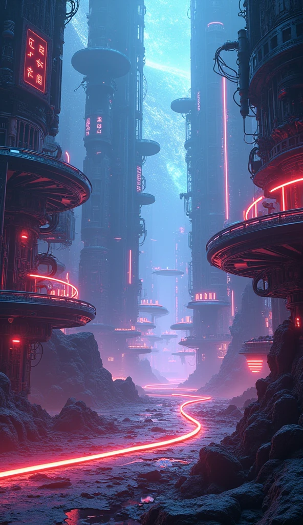 a technological maze in the universe, futuristic sci-fi landscape, ethereal energy fields, glowing neon structures, intricate machinery, floating platforms, complex circuitry, holographic displays, dynamic lighting effects, cinematic camera angle, digital art, 8k, high quality, photorealistic, intricate details, stunning visuals, vibrant colors, dramatic lighting, seamless composition
