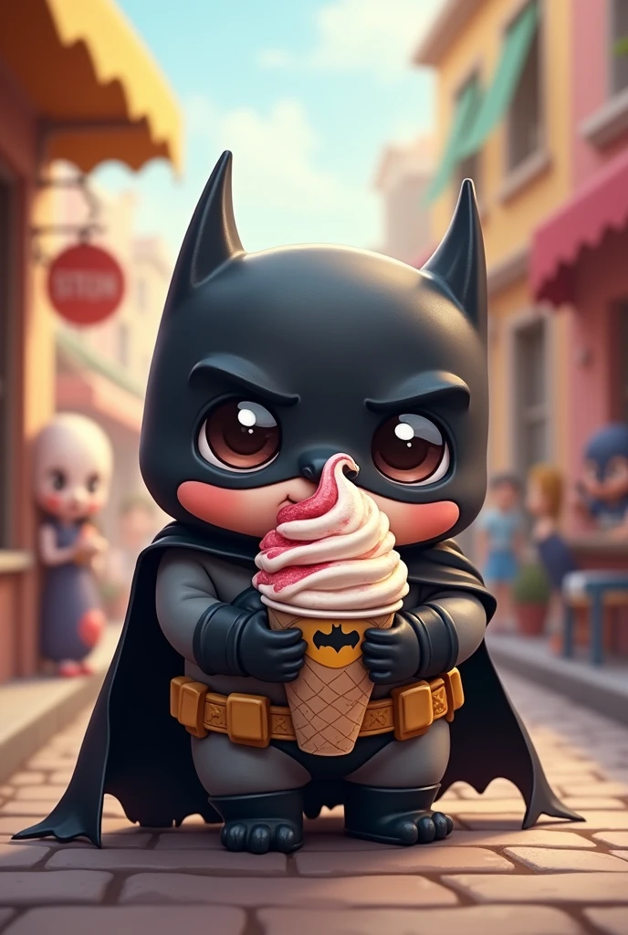 Pou in a Batman costume and an ice cream