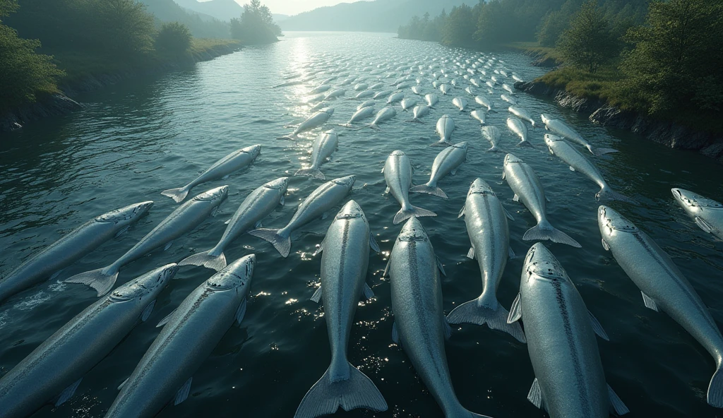 There is a shadow、Fish salmon、The fish has small black spots on its body.、Fish are lying in the river、The fish is 30 meters long.、Fish are blocking the flow of the river