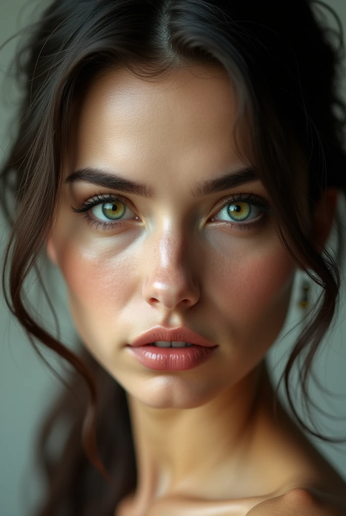 Crée moi un visage réaliste d’une femme brune, Elle doit avoir de très beaux yeux qui sont verts avec un anneau jaune/ gris qui renforce son regard en lui donnant un air particulièrement perçant, le plus réaliste possible, visage entièrement visible