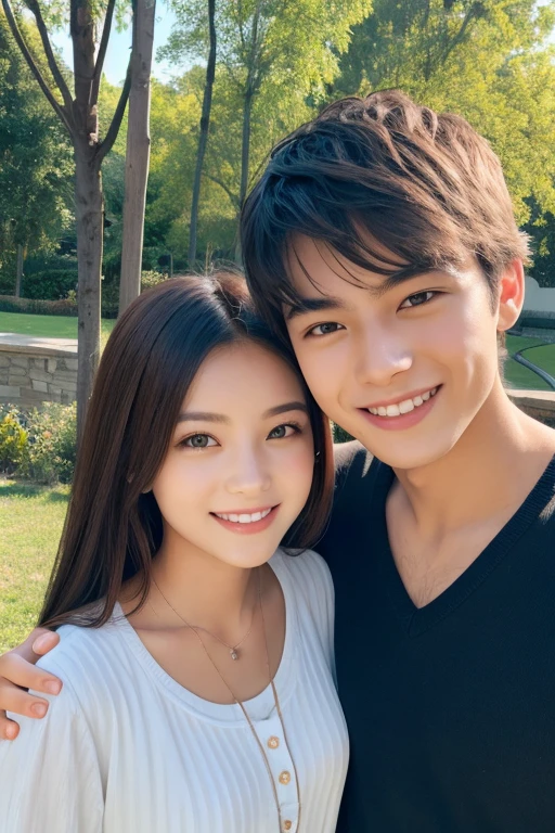 Young man and beautiful woman looking at the camera smile