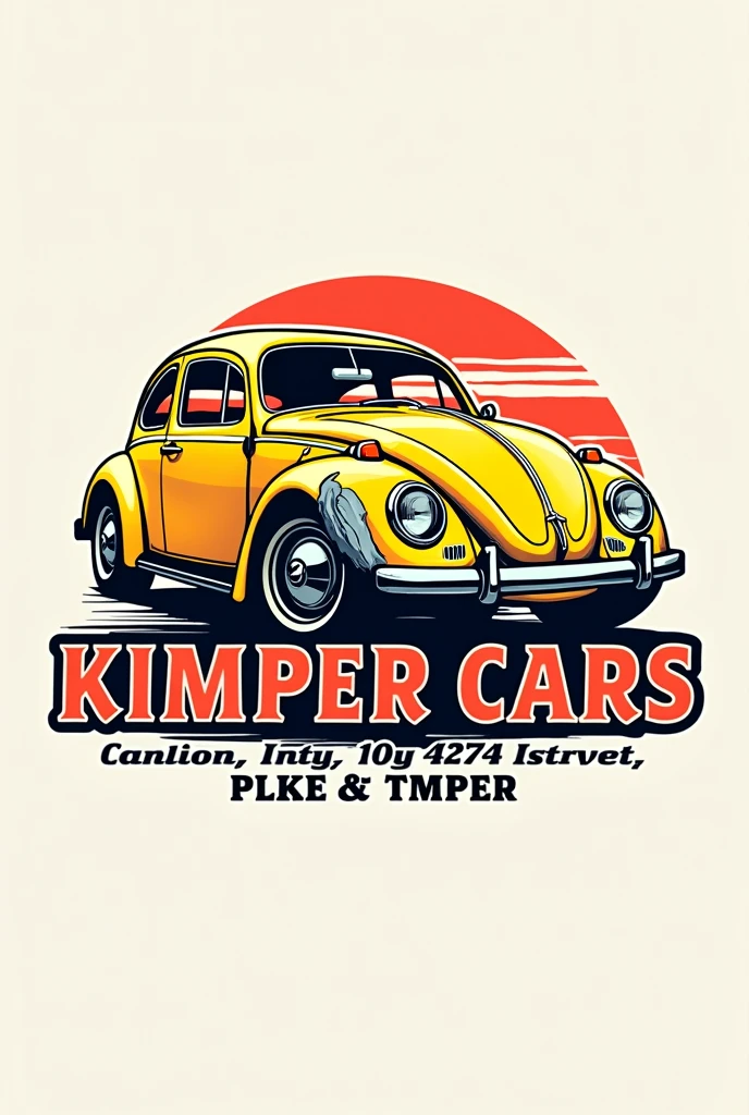 Logo for a lube center and tire shop that says Kimper Cars logo with letters on top of a yellow beetle car . Car on top of the. Letter and small print
