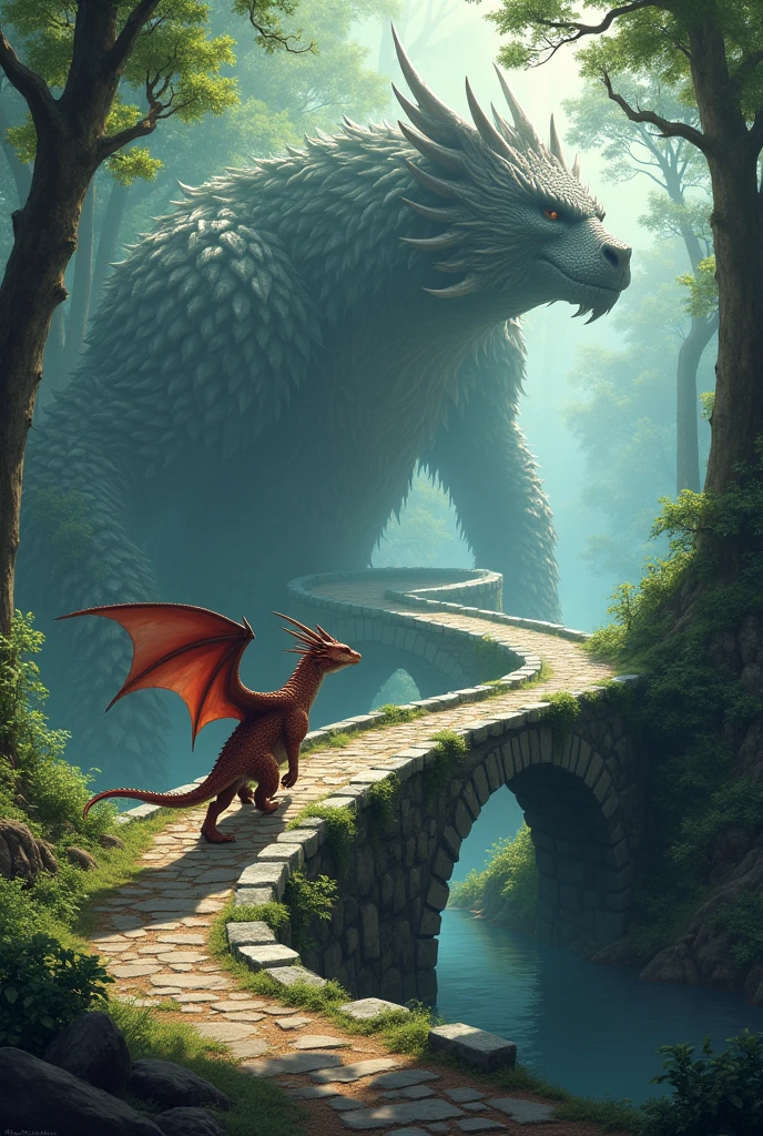Determined to save his flower, Dragon se adentró en el Bosque Encantado. First, He had to cross a stone bridge guarded by a sleeping giant.. Dragon, with its small size and cunning, He managed to cross the bridge without waking the giant..
