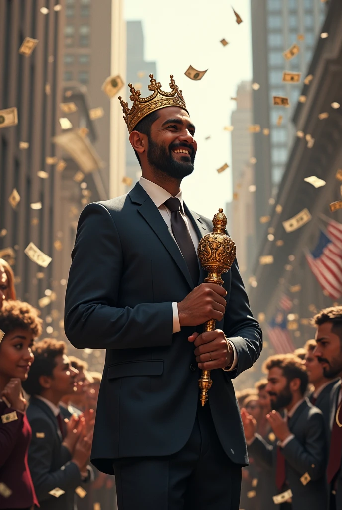 A young indian man in suit who is laughing loudly having a crown on his head and emperor stick in his hand who has made one million in stock market with wall street building in background and have rain of money and people are bowing him