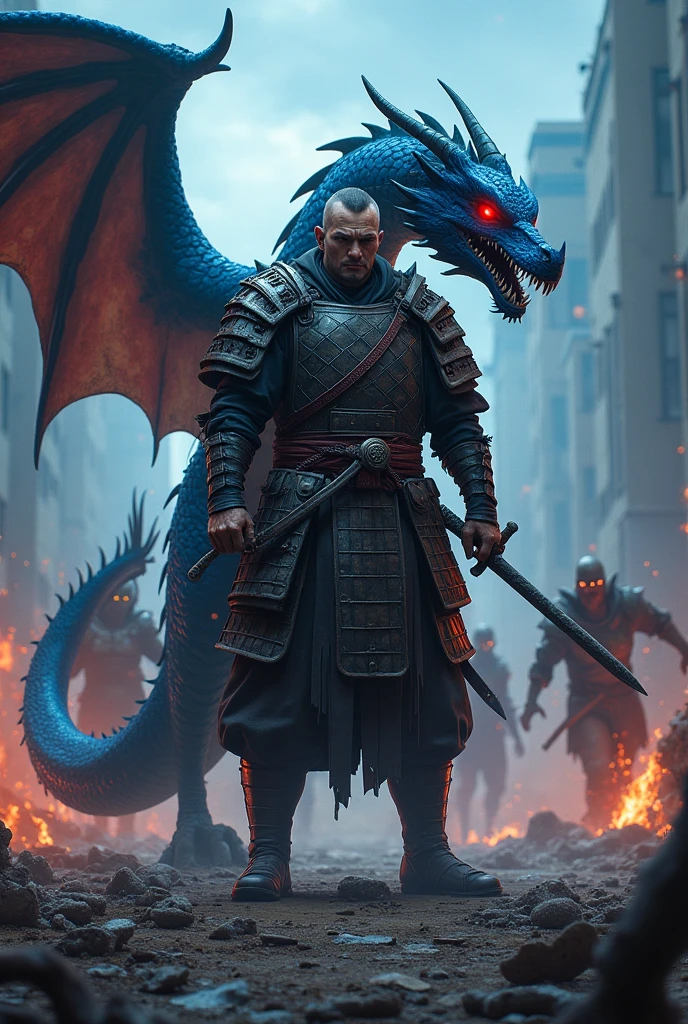 Zamuari, Companion Dragon, Apocalypse, tramp, bloody, infantry ,name Denub,dark sky, zombies,blue dragon flag,fire.