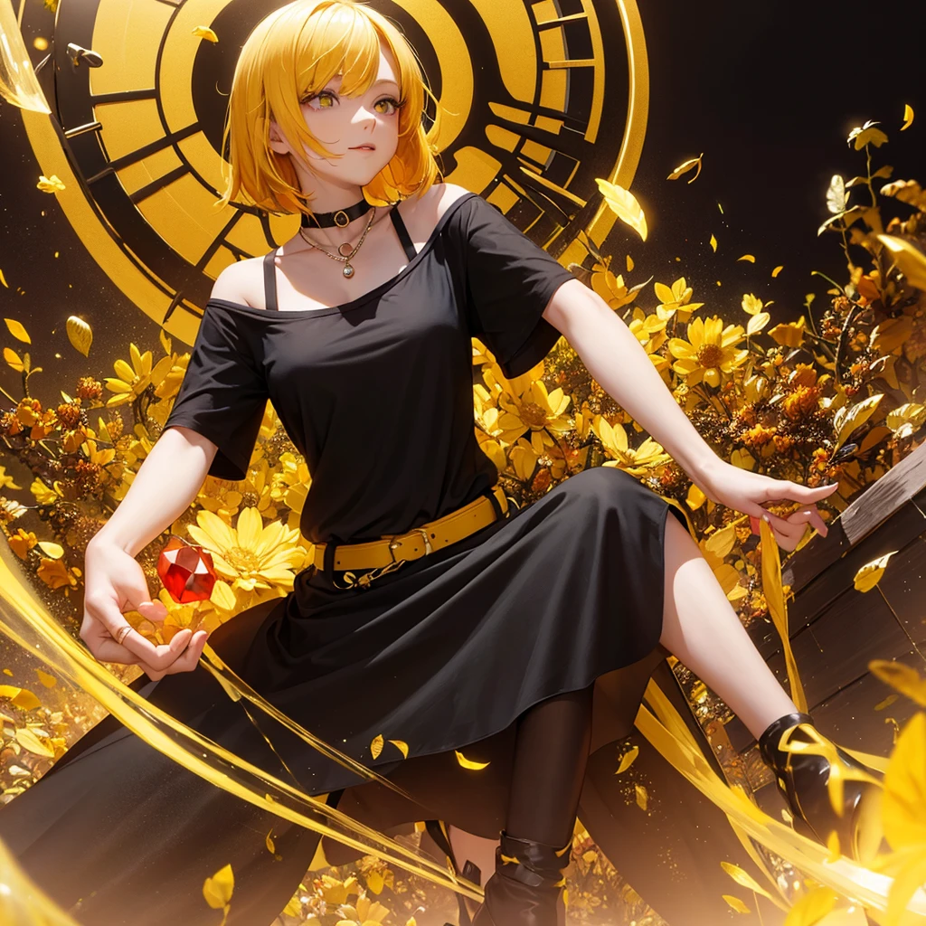 A yellow-haired woman in a black t-shirt holding a bright red gem in her hands and bees around