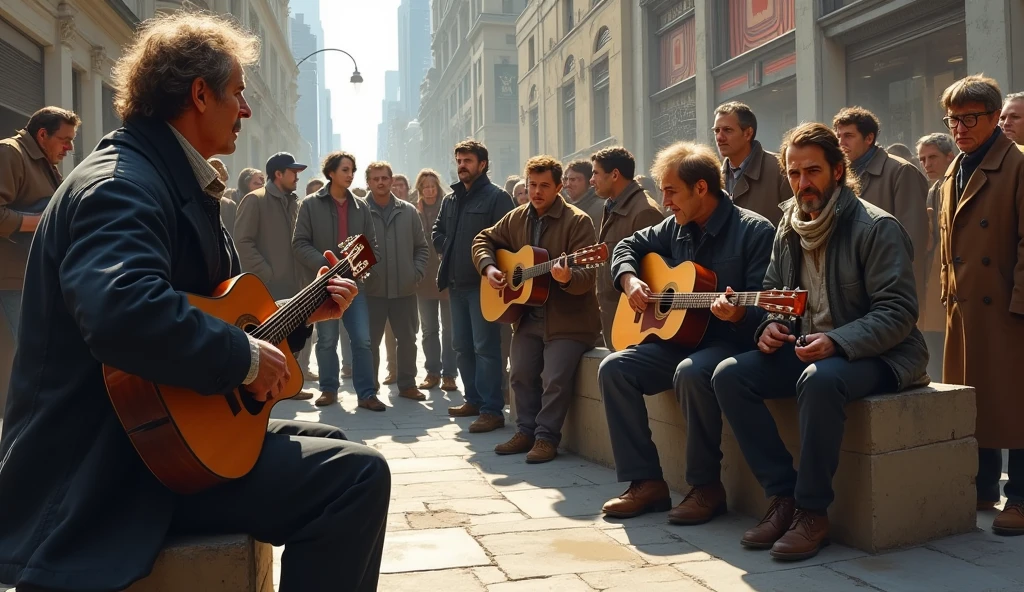 Poor guys among the rich asking for money playing guitar
