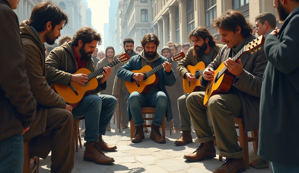 Poor guys among the rich asking for money playing guitar