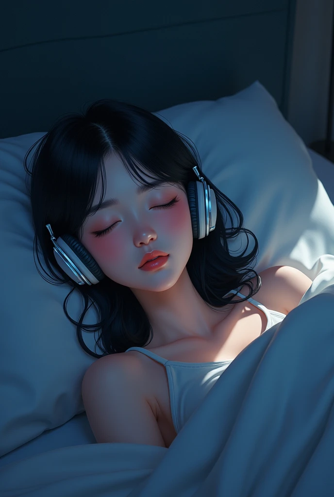 There is a woman sleeping in bed wearing headphones, photorealistic painting inspired by Ayami Kojima, CGsociety Trends, Digital art, realistic art style, with headphones, photorealistic art style, Casual pose, photo-realistic low lighting, photorealistic anime girl rendering, photorealistic 35mm, with headphones, lighting realistic soft