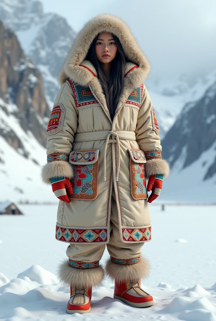 Create a snow indigenous outfit in beige tones with colorful details as an avatar