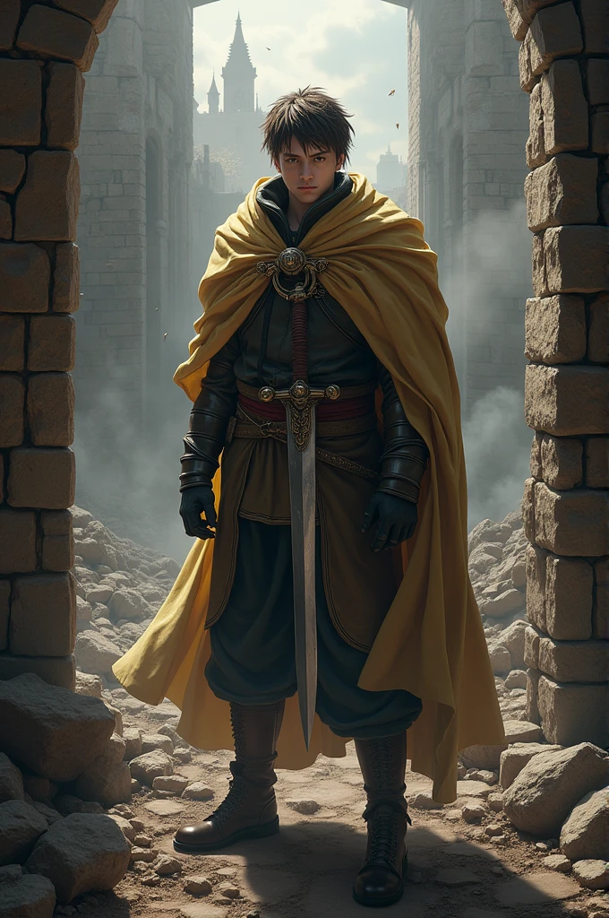 Long angle view, photorealistic, admist of burned castle, gizel godwin from suikoden v, stand confidently, holding small sword across his chest, his expression is determined, hyper realistic, detailed