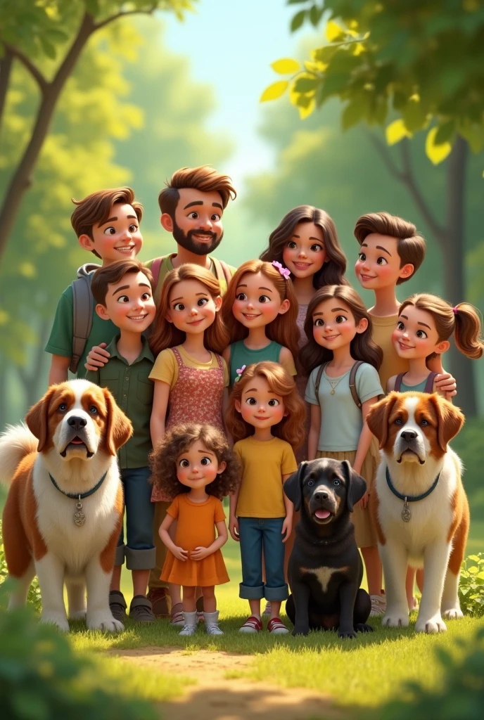 family,ADULT MOM AND DAD,  4 WOMEN AND MANY CHILDREN , ALL TOGETHER LOOKING FORWARD IN A PARK,PLUS 2 SAINT BEARD DOGS AND A SMALL BLACK PIXAR STYLE DOG