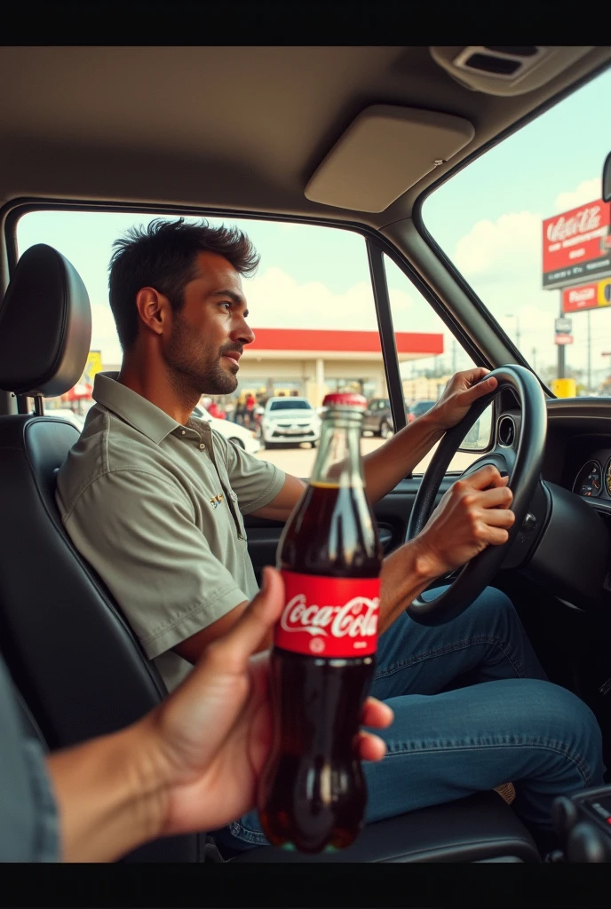 "A man sitting in a car at a drive-thru, looking eagerly at a Coca-Cola bottle held by the cashier."